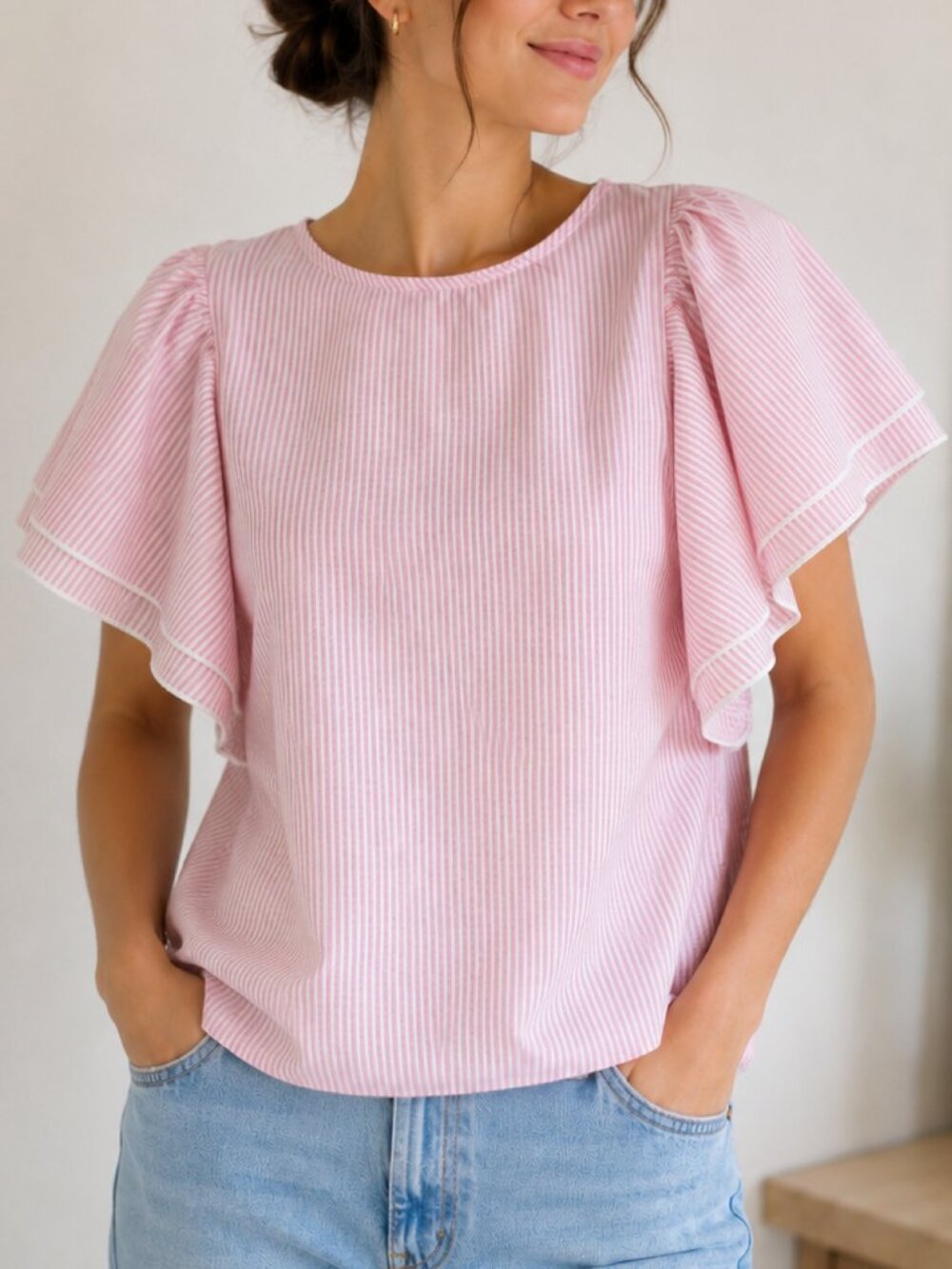 A Dip Of Darling Cotton Striped Blouse with Ruffled Flutter Sleeves S